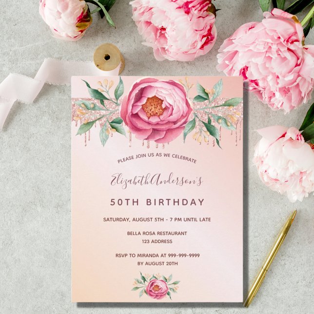 Invitation anniversaire fleurs rose gold pailleté  (Créateur téléchargé)