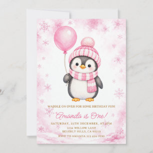 Invitation Anniversaire Flocon de Neige Rose Hiver Manchot