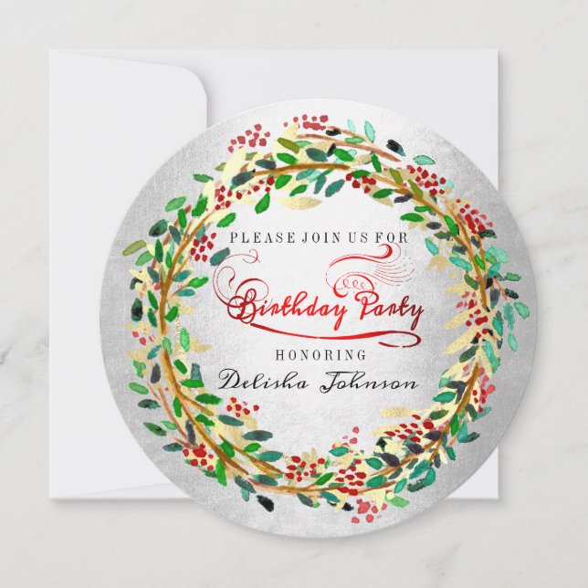 Invitation Anniversaire Floral Aquarelle Argent Vert Or (Devant)