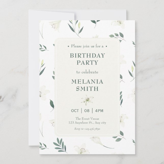 Invitation Anniversaire floral blanc (Devant)