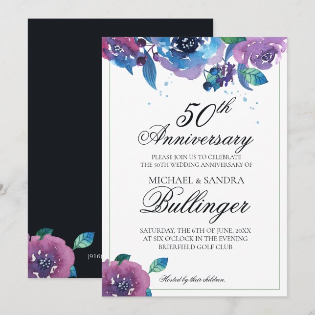 Invitation Anniversaire floral bleu foncé violet (Devant / Derrière)