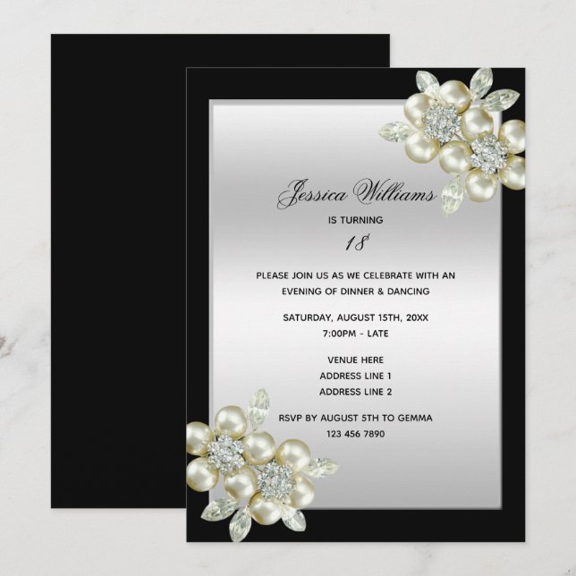 Invitation Anniversaire floral chic de gemmes de diamants (Devant / Derrière)