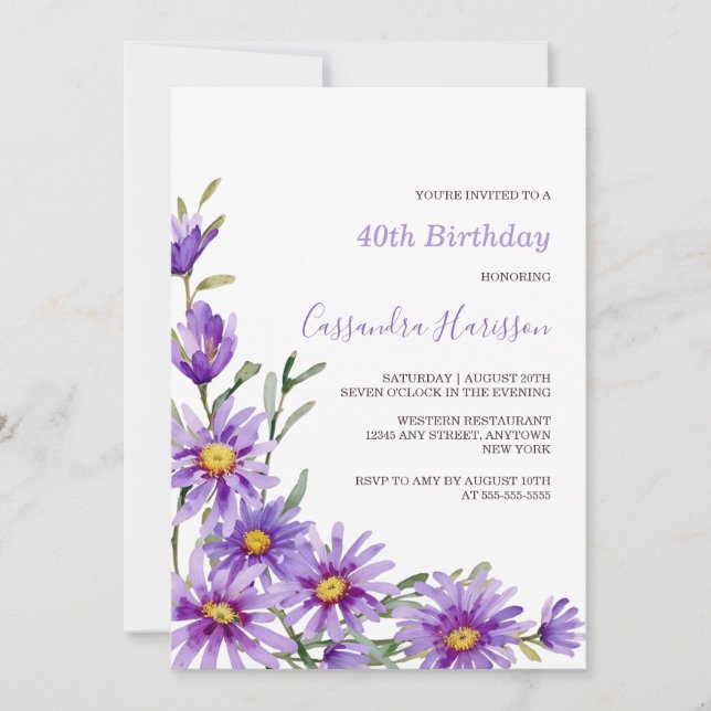 Invitation Anniversaire floral chic pourpre Aster (Devant)