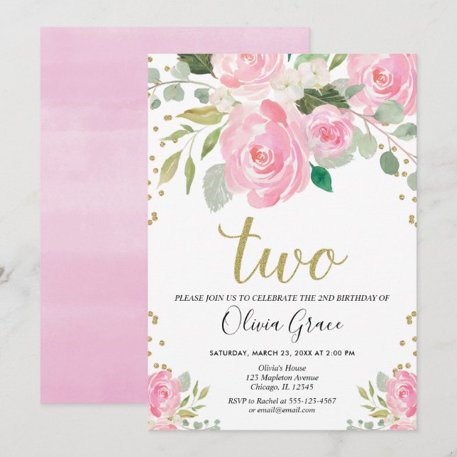 Invitation Anniversaire floral de 2e anniversaire d'or rose v (Devant / Derrière)