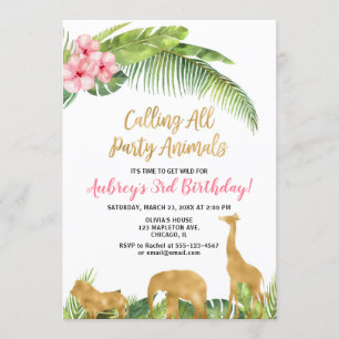 Invitation Anniversaire floral de fille d'animaux de safari