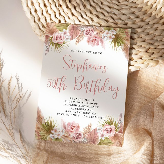 Invitation Anniversaire floral de la Pampa Grass Boho (Boho Blush Floral Birthday Invite)