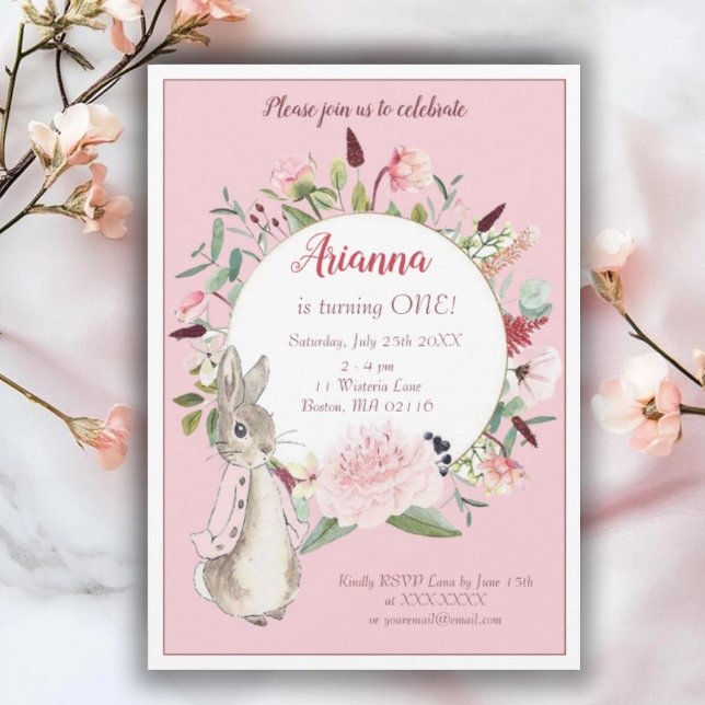 Invitation Anniversaire floral de lapin rose classique (Créateur téléchargé)