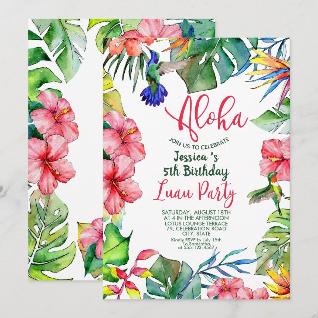 Invitation Anniversaire floral de Luau hawaïen tropical (Devant / Derrière)