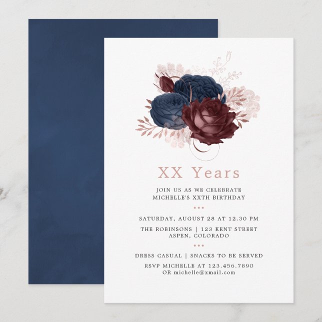 Invitation Anniversaire floral d'or de marine, marron et Rose (Devant / Derrière)