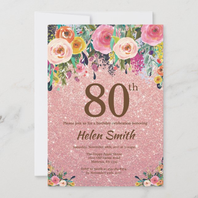 Invitation Anniversaire floral d'or de rose rose de parties (Devant)