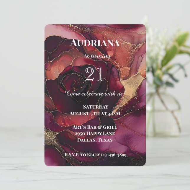 Invitation Anniversaire floral d'or rose de Bourgogne (Debout devant)