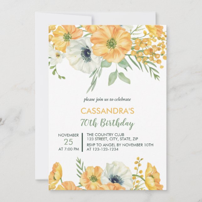 Invitation Anniversaire Floral Elegant Orange & Blanc Anémoni (Devant)