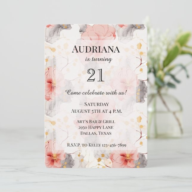 Invitation Anniversaire floral gris de corail (Debout devant)