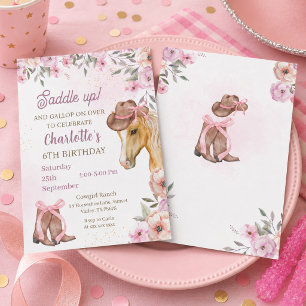 Invitation Anniversaire Floral Occidental Cheval Cowgirl Aqua