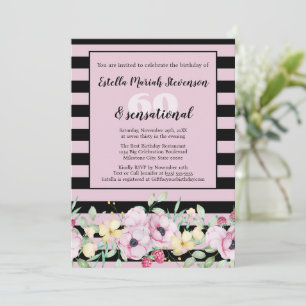 Invitation Anniversaire floral rayé noir élégant