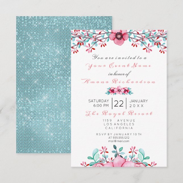 Invitation Anniversaire Floral rose Bohême Sparkly Aqua (Devant / Derrière)