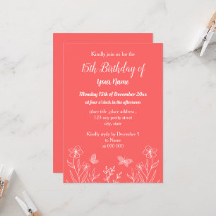 Invitation Anniversaire floral rose corail simple