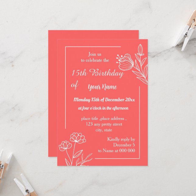 Invitation Anniversaire floral rose corail simple (Devant/Arrière en situation)