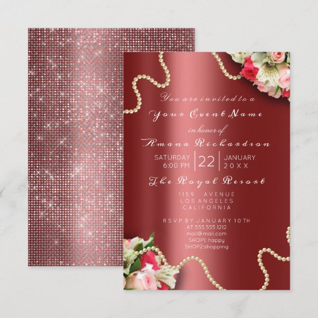Invitation Anniversaire Floral Rose Roses Bourgogne Perles (Devant / Derrière)