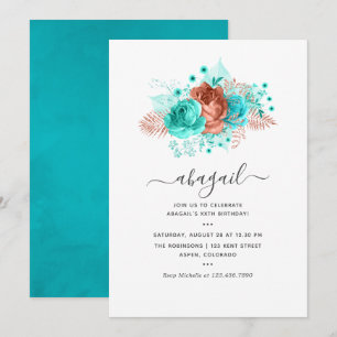Invitation Anniversaire floral turquoise et corail