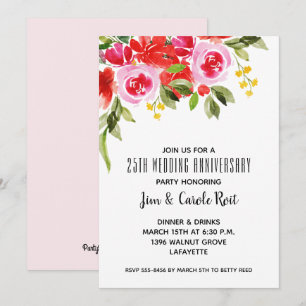 Invitation anniversaire florale aquarelle rose rou