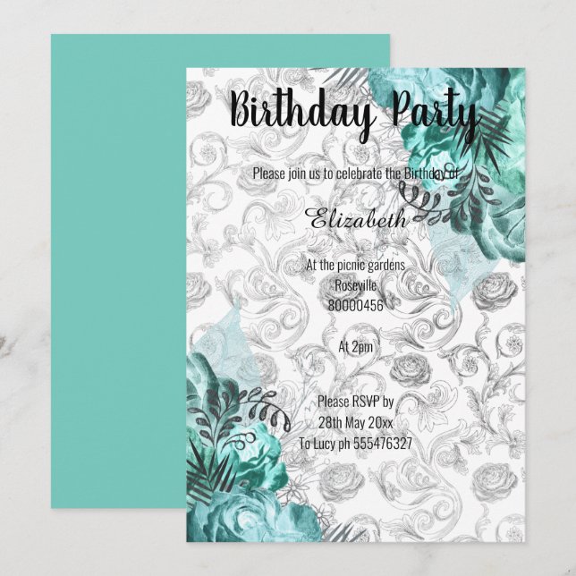 INVITATION ANNIVERSAIRE FLORALE BLANC NOIR AQUA (Devant / Derrière)