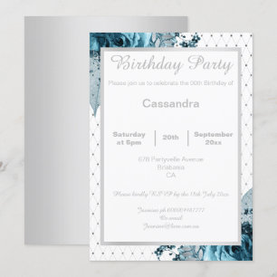 INVITATION ANNIVERSAIRE FLORALE ÉLÉGANT AQUA BLUE SILVER NETT