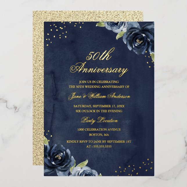 Invitation anniversaire florale Navy Gold FOIL (Recto/Verso)