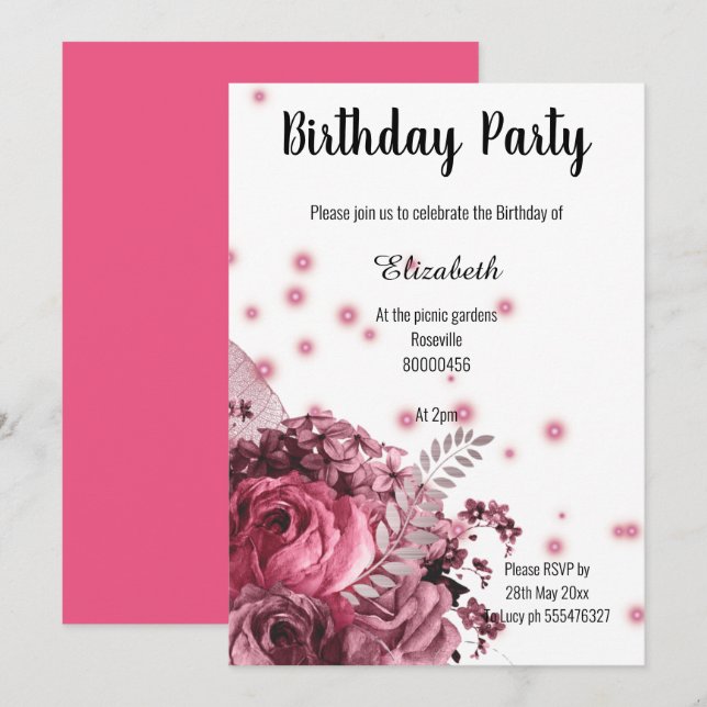 INVITATION ANNIVERSAIRE FLORALE ROSE BLANC ÉLÉGANT 2 (Devant / Derrière)
