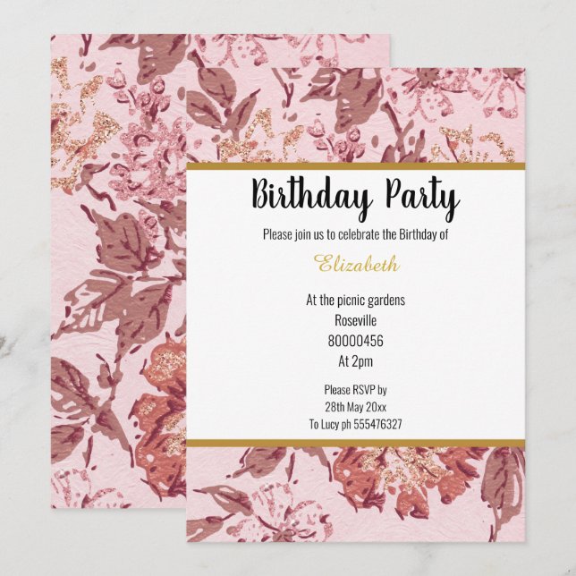 INVITATION ANNIVERSAIRE FLORALE ROSE ÉLÉGANT (Devant / Derrière)