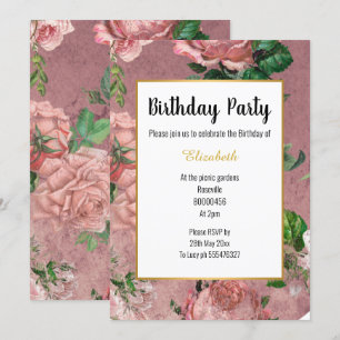 INVITATION ANNIVERSAIRE FLORALE ROSE ROSE ÉLÉGANT