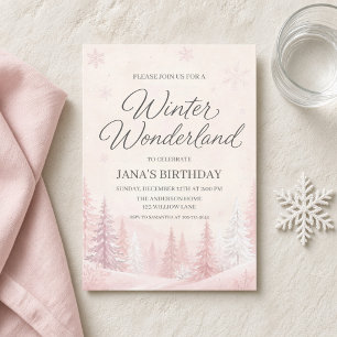 Invitation Anniversaire Forêt Enchantée Rose Pâle de l'Hiver