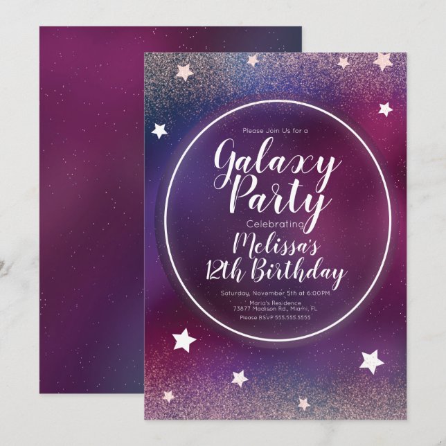 Invitation Anniversaire Galaxie Espace Nébuleuse Scintillemen (Devant / Derrière)