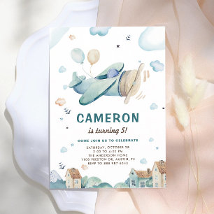 Invitation Anniversaire Garçon Avion Vintage Aquarelle