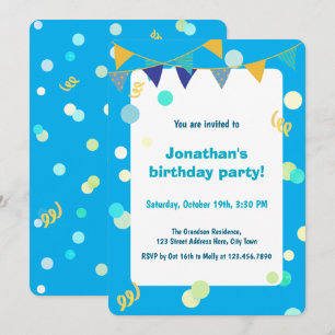 Invitation Anniversaire Garçon Bleu & Vert Confettis Colorés