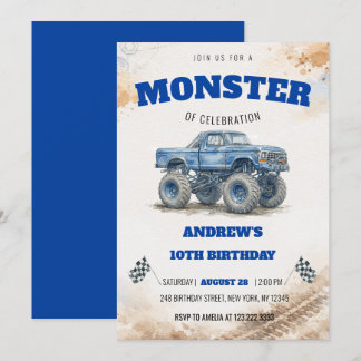 Invitation Anniversaire Garçon Monster Truck Bleu Aquarelle M