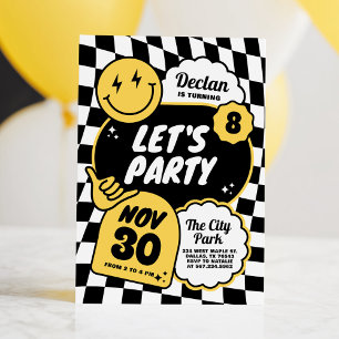 Invitation Anniversaire Garçon Sourire Rétro Damier Noir et B