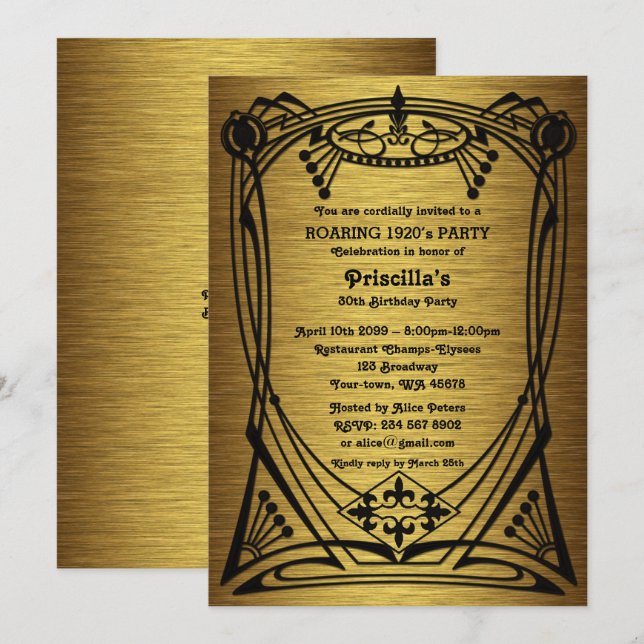 Invitation Anniversaire, Gatsby style, or noir, monogramme (Devant / Derrière)