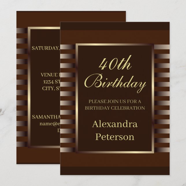 Invitation Anniversaire Géométrique Chic Brown Et Gold Stripe (Devant / Derrière)