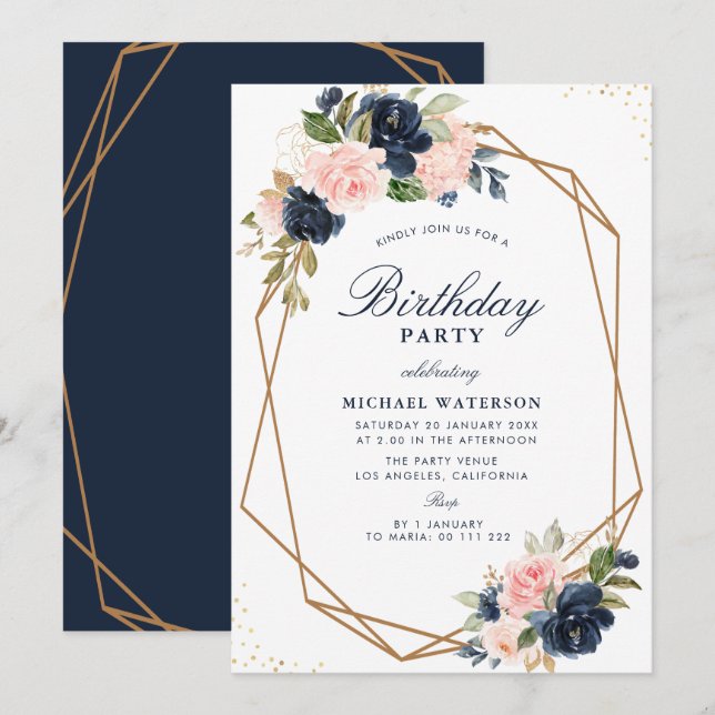Invitation Anniversaire géométrique floral floral de la marin (Devant / Derrière)