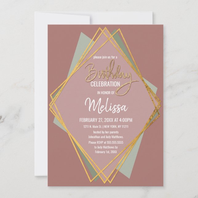 Invitation Anniversaire géométrique Gold Green Pink and Mauve (Devant)