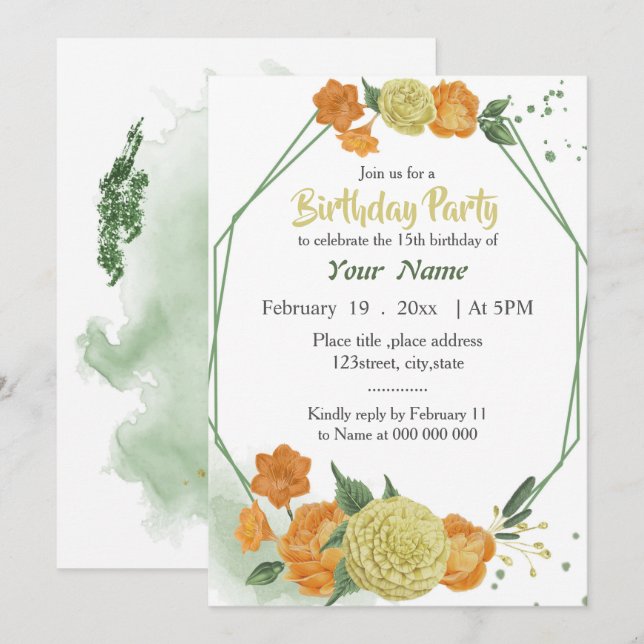 Invitation anniversaire géométrique jaune orange floral vert (Devant / Derrière)