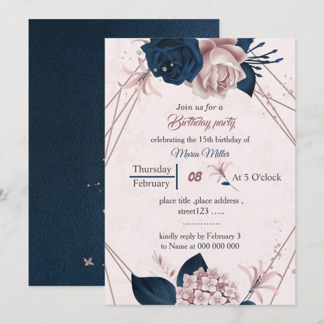 Invitation anniversaire géométrique marine et rose élégant (Devant / Derrière)