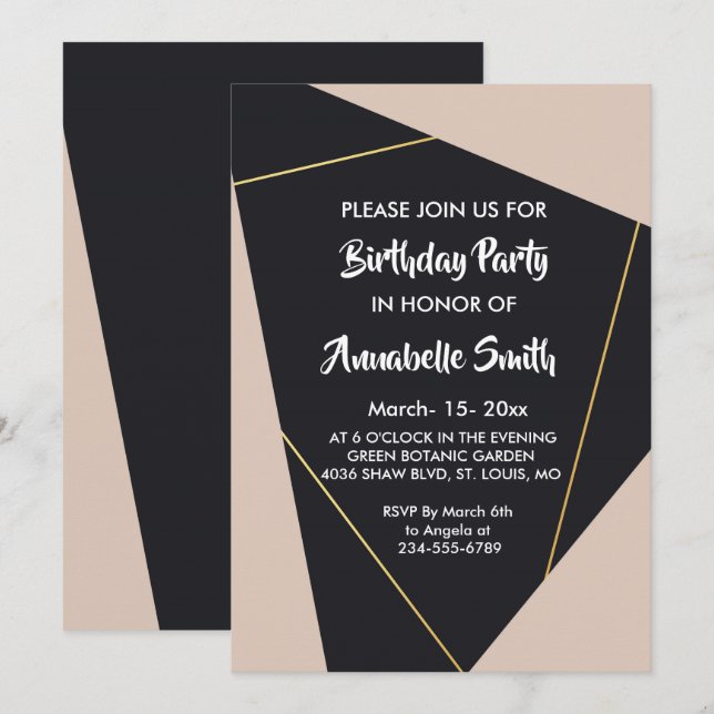 Invitation Anniversaire géométrique rose noir et or (Devant / Derrière)