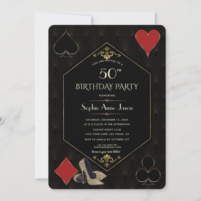 Invitation Anniversaire Gold Art Deco Gatsby Casino Vegas Pok (Devant)