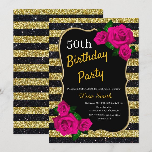 Invitation Anniversaire Gold Black Stripes Parties scintillan (Devant / Derrière)