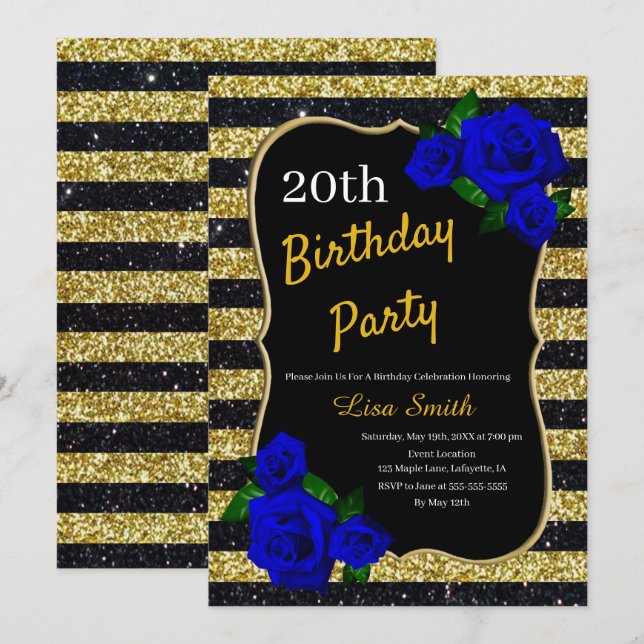 Invitation Anniversaire Gold Black Stripes Parties scintillan (Devant / Derrière)