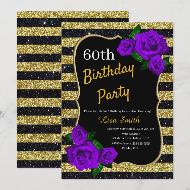 Invitation Anniversaire Gold Black Stripes Parties scintillan (Devant / Derrière)