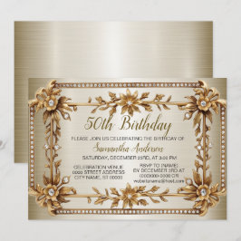 Invitation Anniversaire Gold Ornate Rectangle Dimond Flower
