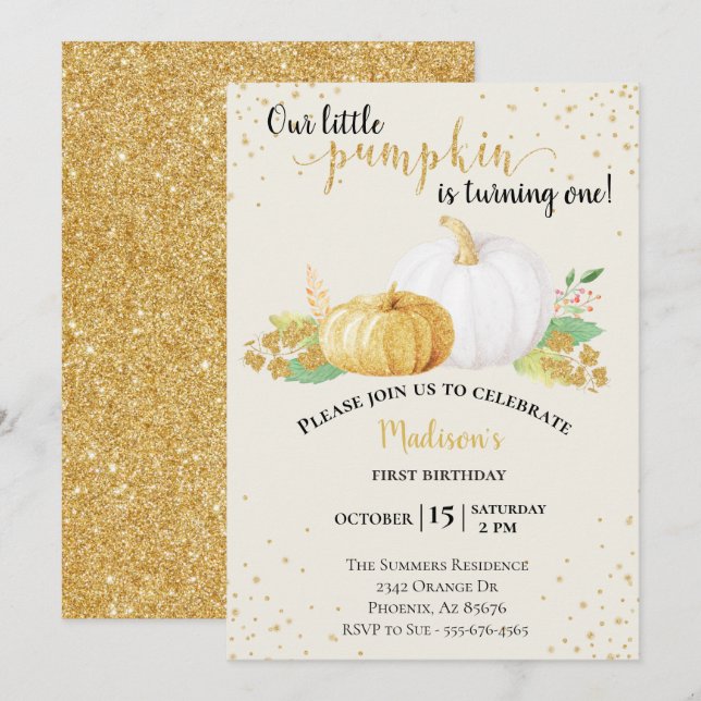 Invitation Anniversaire Gold Parties scintillant Citrouille b (Devant / Derrière)